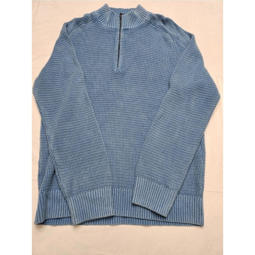 L.L.Bean Sweater Mens Small Blue Quarter Zip Cotton Waffle Knit Mock Neck Raglan